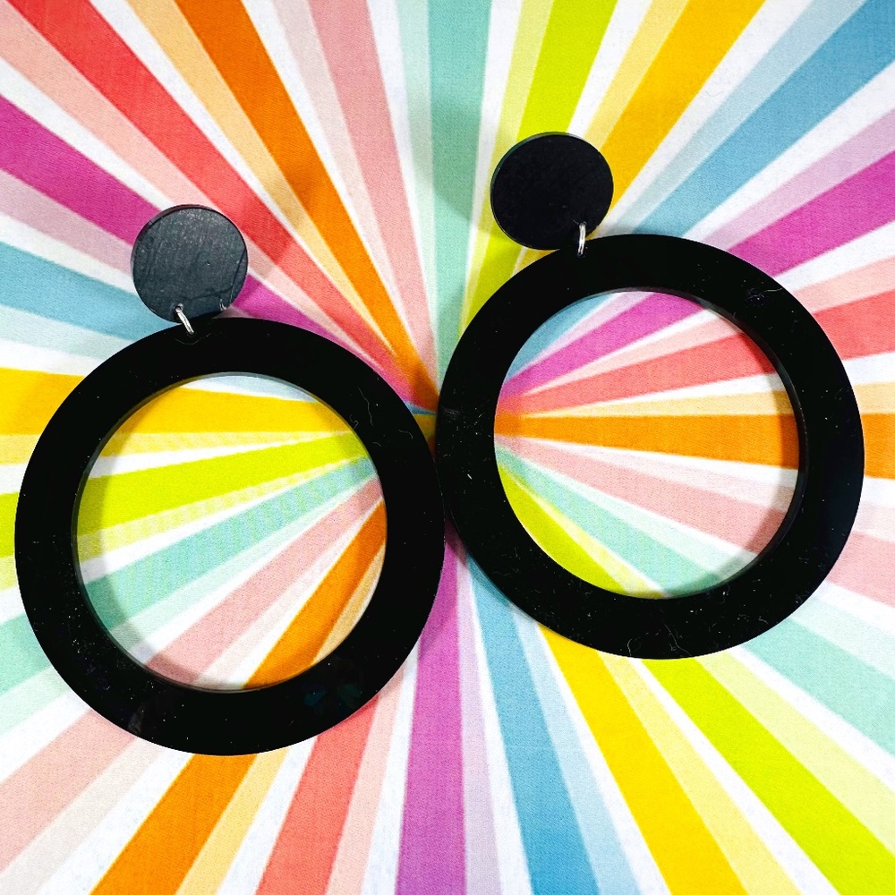 Extra l.arge 60s inspired acrylic black GoGo Gypsy hoop earrings